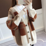 Women Knitted Cardigan Autumn and Winter Loose Plaid Color Stitching Knitted Cardigan