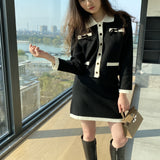 Women Knitted Two-Piece Set Spring Retro Black Short Skirt Two-Piece Set