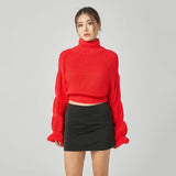 Women Sweater Knitwear Autumn and Winter Turtleneck Puff Sleeve Thick Thread Sweater Loose Long Sleeve Sweater Top