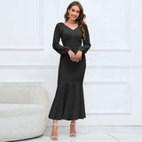 Women Date Dress V-neck Fishtail Skirt Elegant High Waist Evening Long Dress