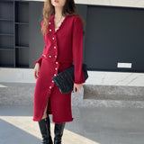 Women Knitted Two-Piece Set Spring Suit V-neck Top and Skirt 8t8221