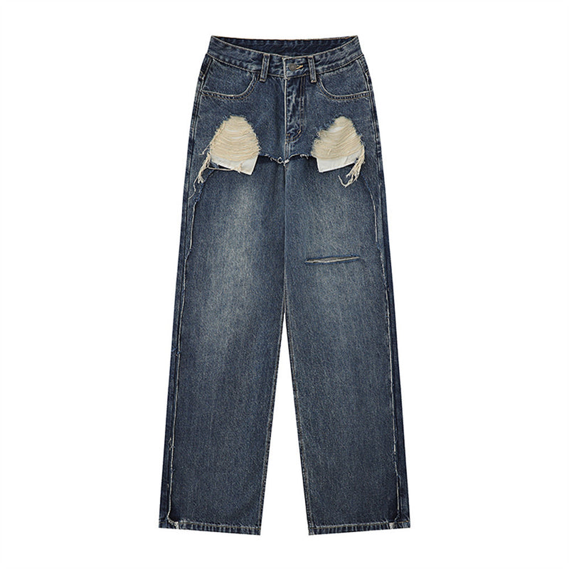 Women Pants Ripped Jeans Loose Straight Wide Leg Pants Trousers