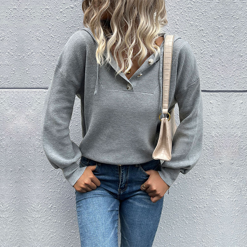Women Knitted Sweater Autumn Long Sleeve Hooded Knitted Sweater