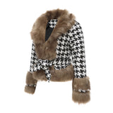 Women Trench Coat Autumn and Winter Plaid Coat Detachable Short Fur Collar Top Houndstooth