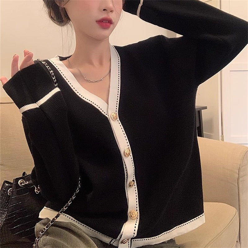 Women Knitwear Autumn Winter Retro Contrast Color V-neck Sweater Loose Knitted Cardigan