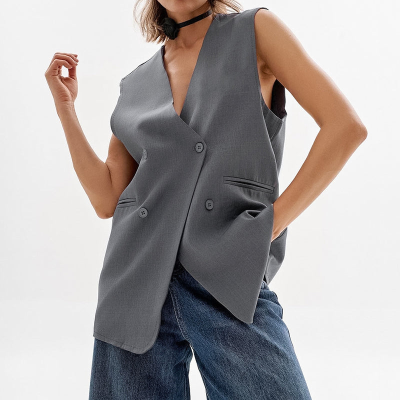 Women Trench Coat Autumn and Winter Gray Vest V-neck Baggy Coat