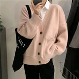Women Knitted Cardigan V-neck Sweater Women Large Loose Pockets
