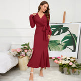 Women Date Dress Knitted Long Sleeve V-neck Lace-up Fishtail Skirt