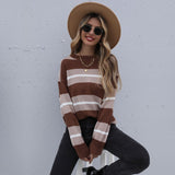 Women Knitted Sweater Autumn Leisure Loose Long Sleeve Striped Sweater