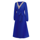 Women Date Dress Autumn and Winter V-neck Lace Pleated Lace-up Long Dress