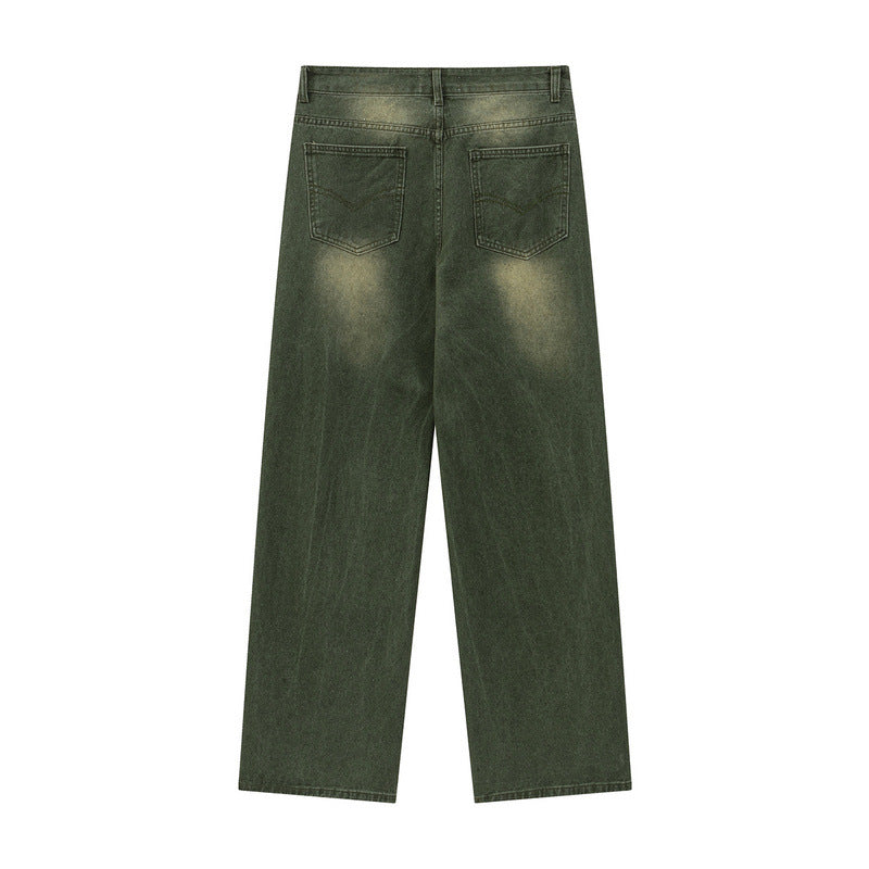 Men Jeans Ripped Wide-Legged Straight Jeans Retro Trousers
