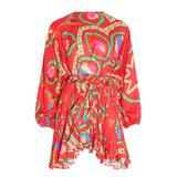 Women Dresses Casual Color Printed round Neck Loose Lantern Sleeve Short Dress (Qymy0409)