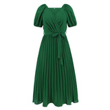Women Date Dress Summer V-neck Puff Sleeve Lace-up Pleated Dress