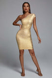 Women Evening Dress Bronzing Dress Bandage Sexy Backless One-Shoulder Hip Skirt