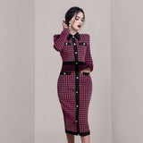Women Maxi Dress Autumn and Winter Long Sleeve Plaid Knitted Dress