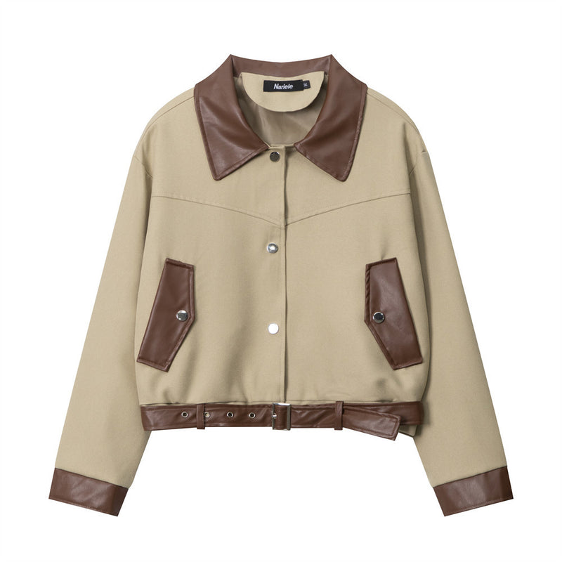 Women Jacket PU Leather Stitching Contrast Color Lapels Jacket