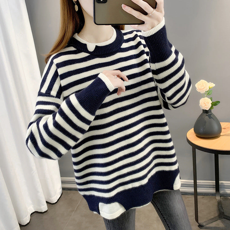 Women Knitwear Autumn and Winter round Neck Striped Sweater Loose Pullover