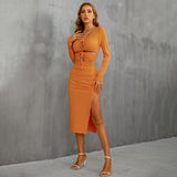 Women Dress Spring and Summer Sexy Hollow-out Split Lace-up Knitted Sheath Long Sleeve Dress