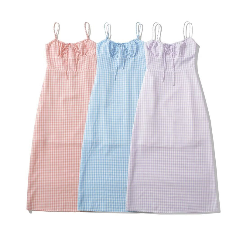 Women Tops Summer Plaid Sling Dress Backless Sexy Midi Dress