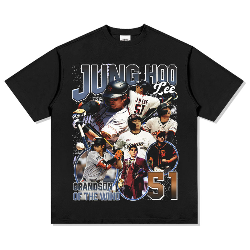 Mens Vintage baseball T-Shirt Jung Hoo Lee Printed Short Sleeve T-Shirt Vintage Wash Loose Casual