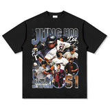 Mens Vintage baseball T-Shirt Jung Hoo Lee Printed Short Sleeve T-Shirt Vintage Wash Loose Casual