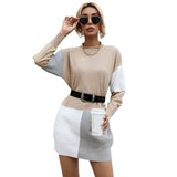 Women Knitted Sweater Autumn Leisure Color Block Long Sleeve Loose Sweater Dress