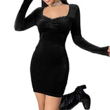 Women Dress Autumn Square Collar Sheath Long Sleeve Velvet Sexy Dress