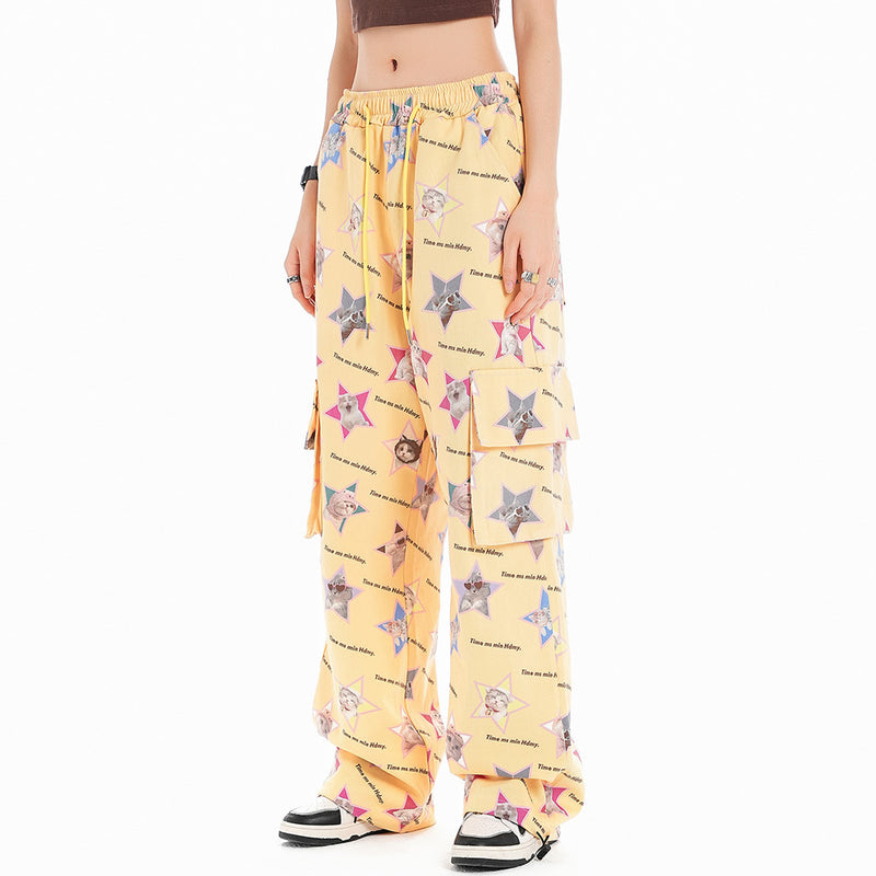 Women Pants Five-Pointed Star Cat Printing Casual Pants Loose Pockets Straight-Leg Trousers
