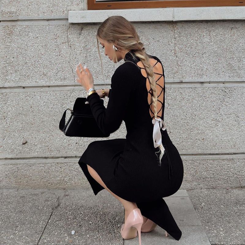 Women Dresse Spring High Collar Long Sleeve Back Hollow out Strap Dress