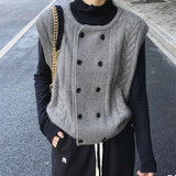 Women Knitted Cardigan Spring Vintage Hemp Pattern Double Breasted Sleeveless Knitted Cardigan