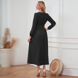 Women Date Dress Single-Breasted Cardigan Skirt V-neck Bubble Long Sleeve Dress