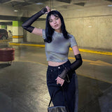 Women T-shirt Dotted Prints Mesh Oversleeve Casual Slim T-shirt