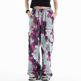 Women Pants Tie-Dyed Floral Print Casual Jumpsuit Loose Straight Wide-Leg Pants