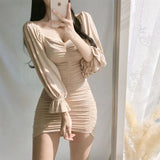Women Dresses Puff Sleeve V-neck Pleated Dress