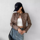 Women Leather Jacket Retro Short Slim-Fitting Biker Jacket Autumn Leather Coat Suede Jacket
