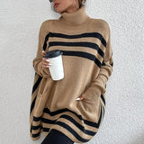 Women Knitted Sweater Turtleneck Striped Cape and Shawl Sweater Coat