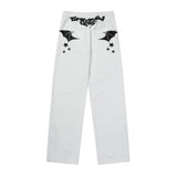 Men Sweatpants Pocket Wings Embroidered Straight Zipper Slit Jeans