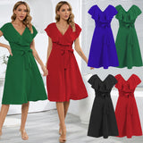 Women Date Dress Sexy A- line Skirt Lotus Leaf Large V-neck Dress