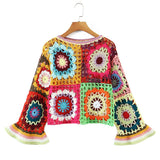 Women Sweater Knitwear Handmade Bell Sleeve Pullover Short Knitwear Artistic
