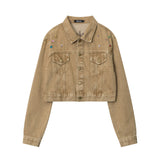 Women Jacket Color Diamond Inlaid Short Denim Jacket Lapel Embroidery Long Sleeve Jacket