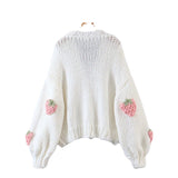 Women Sweater Knitwear Autumn V-neck Lantern Sleeve Pink Strawberry Knitted Cardigan Women's Sweater