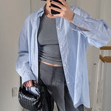Women Trench Coat Blue Striped Long Sleeve Shirt Casual Winter