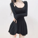 Women Dresses U-Neck Sling Dress Two-Piece Suit Pleated Skirt