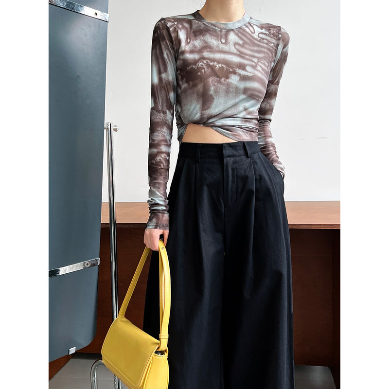 Women T Shirt Tie-Dyed Bottoming Shirt Slim-Fit Short Long Sleeve Mesh Sunscreen Top