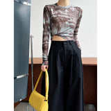 Women T Shirt Tie-Dyed Bottoming Shirt Slim-Fit Short Long Sleeve Mesh Sunscreen Top