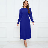 Women Date Dress Fall/Winter Slim Long Sleeve round Neck Pleated Long Dress