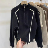 Women Knitted Pullover Turtleneck Zipper Pullover Cropped Sweater Winter Knitwear