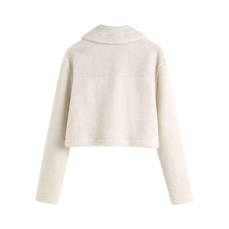 Women Jacket Fall and Winter Lapels Long Sleeve Fleece Loose Short Jacket Coat