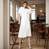 Women Dresses V-neck Lantern Sleeve Single Row Embroidery Hollow Dress (Qymy0409)