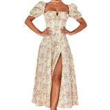 Robe Bridgerton Summer Square Collar Puff Sleeve Long Floral Dress